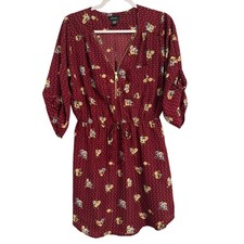 NWT Women's L Cottagecore Floral Polka Dot V Gold Zip Elastic Tie Waist Dress