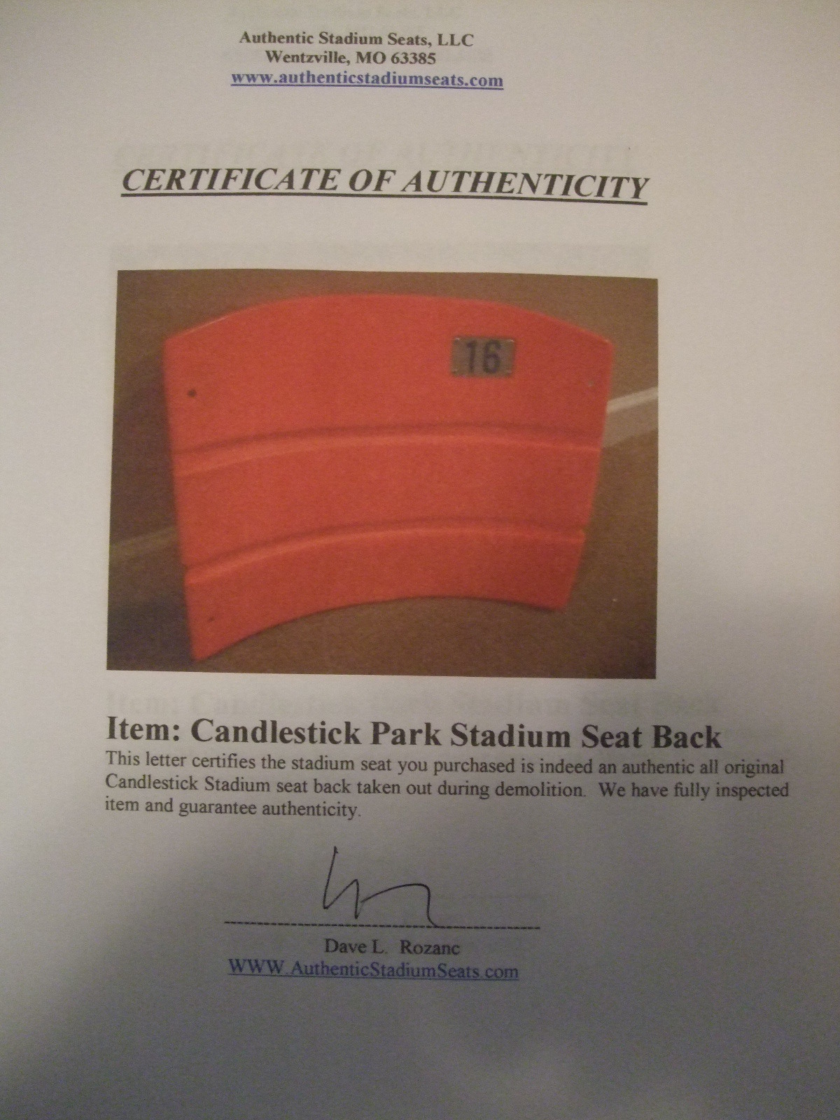 Candlestick Park Stadium seat back 16 Joe Montana San Francisco