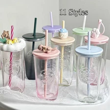 Starbucks Triangle Cup 500ml Cute Pet Series Glass Straw Water Cup w/Straw Cap