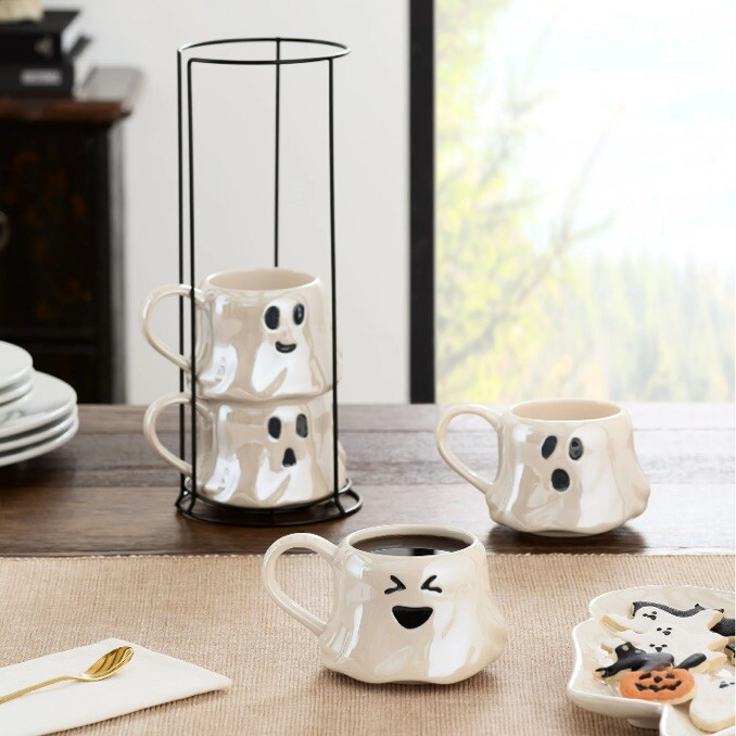 4-Piece 13-Oz White Ghost-Shaped Glazed Ceramic Stacking Mug Set