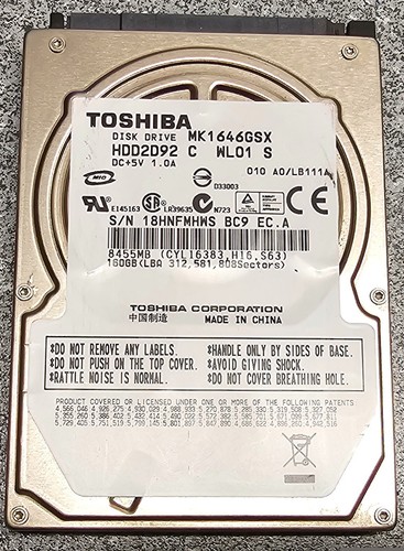 * TOSHIBA Disk Drive MK1646GSX HDD2D92 160GB, Intern, 5400rpm, SATA, 2.5'' HDD