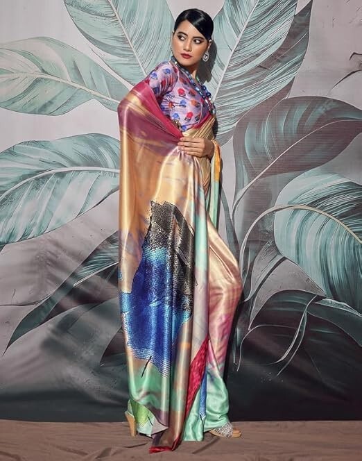 BishtHub Damen Saree Mit Blusenteil - Kunstseide Floral Print Grün, 5,5m Länge