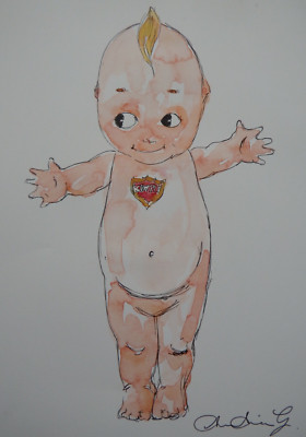 Kewpie Puppe Aquarellmalerei eines alten Spielzeugs auf elfenbeinweißem Papier