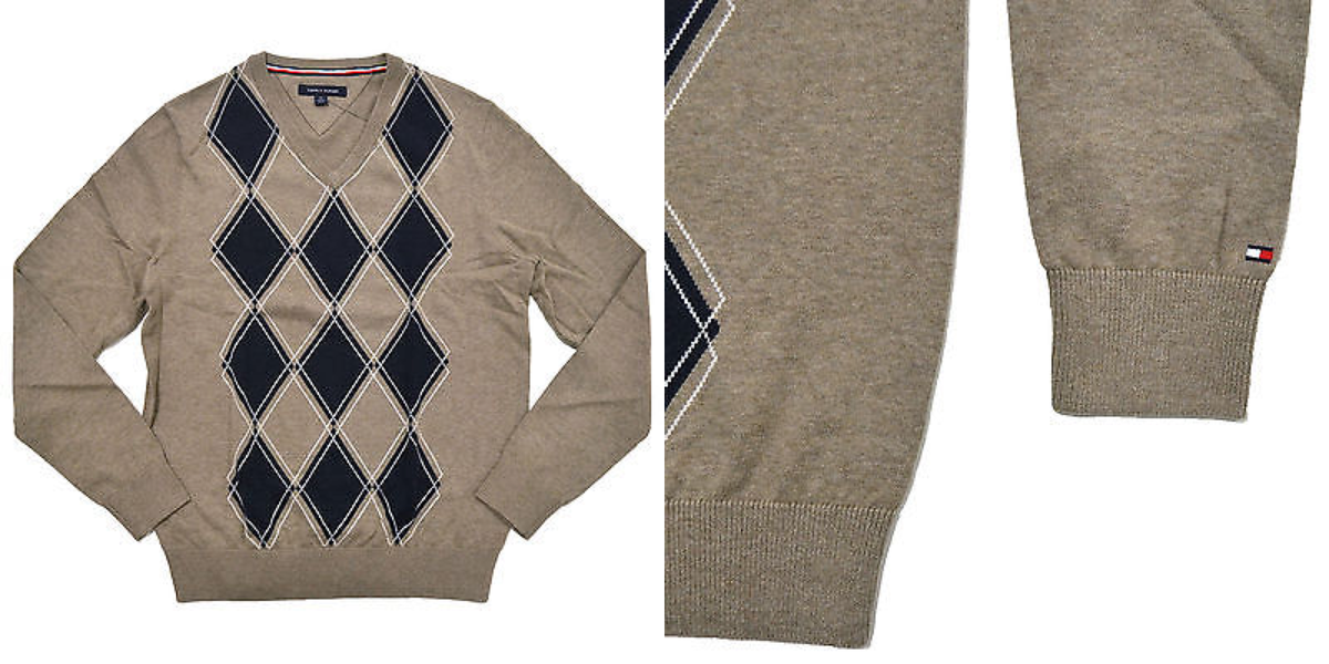 Tommy Hilfiger Mens Sweater Argyle Pullover V-neck Diamond Pattern 