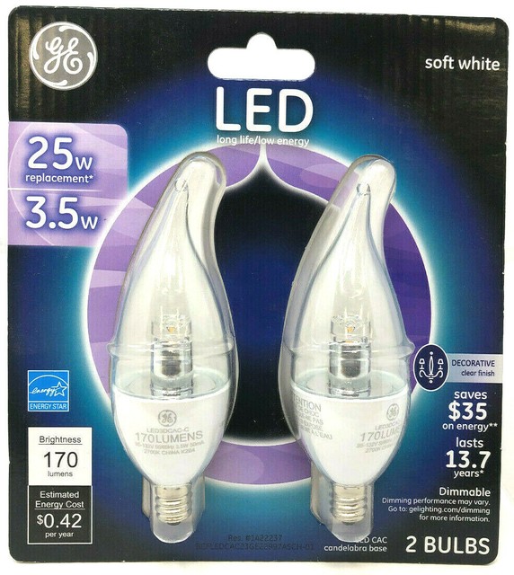 X4 GE LED Soft White 25w Candelabra Base Bulb 170 Lumens Bent Tip