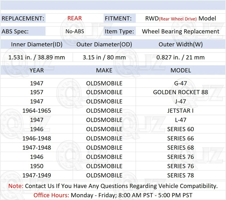 [TRASERO (cantidad 2)] Cojinete de rueda con collar de bloqueo para Oldsmobile Golden Rocket 88 1957 Foto 2 de 4