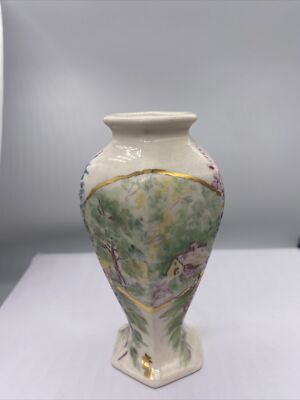 Vintage Miniature Hand Painted Floral Bud Vase 4.5'' x 2.5 Gold Trim Excellent