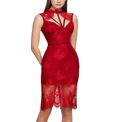 red lace bandage dress Mew Mews Almaas Sleeveless Rhinestone Fringe Bandage Dress