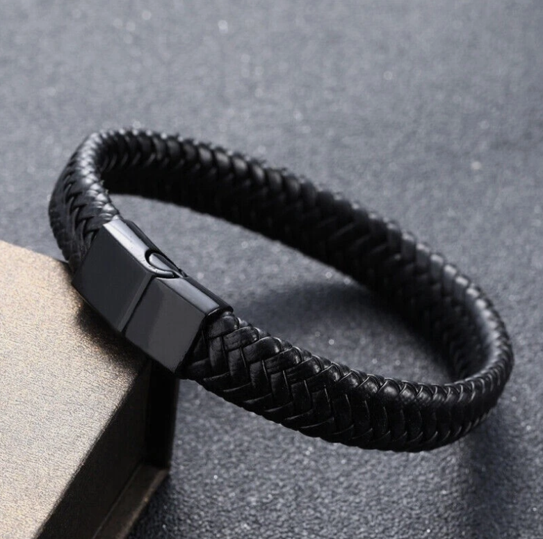 Men's Bracelet - Black Stainless Steel Lateral Cross With Brown Braided Leather Bangle - View #2