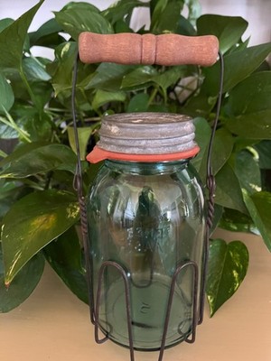 VTG Wire Mason Jar Holder w/Wood Handle & 1930s Blue Ball Mason