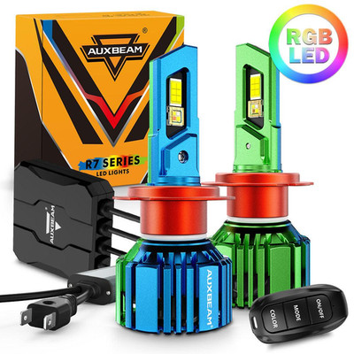 AUXBEAM H7 RGB LED Headlight Bulbs High Low Beam 6500K White+RGB Remote Control
