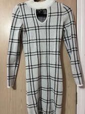 Jolie & Joy Sweater Dress Womens Med White Knit Plaid Mock Neck Cutout Stretch