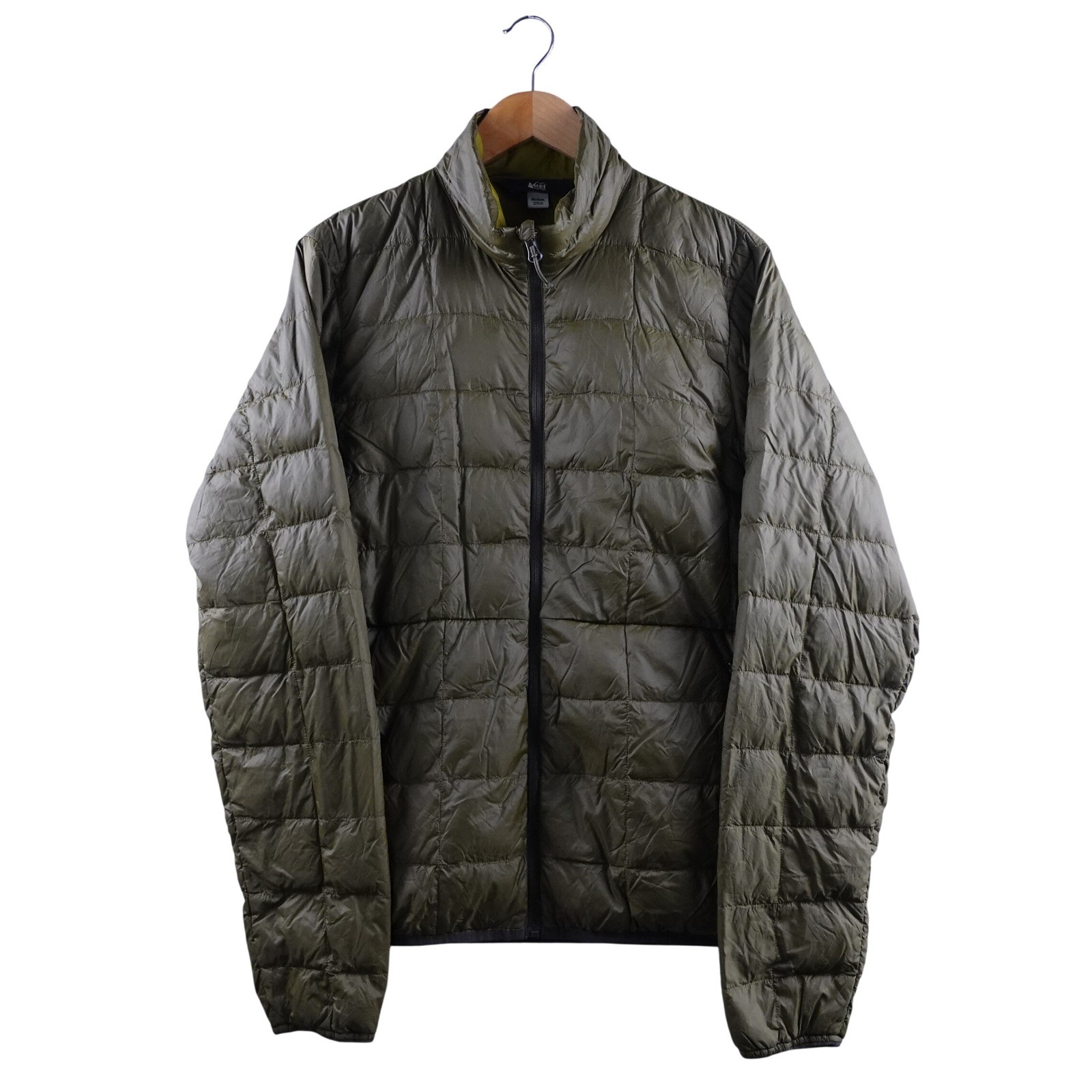 REI Co-op 650 Puffer Jacket Men M Olive Green Full Zip Lightweight Outdoors Camp