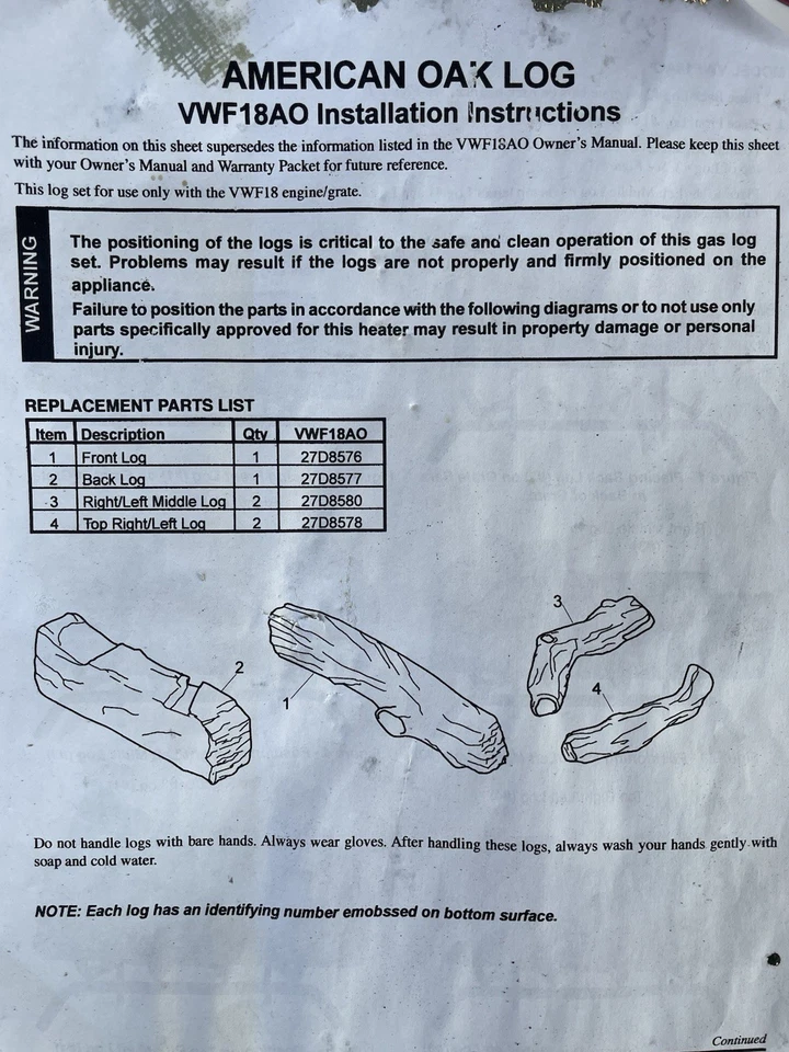 "Troncos de chimenea de gas Monessen 18"" - tronco de roble americano VWFL8AO - tronco principal roto" Foto 4 de 4