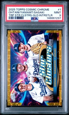 2025 GOLD INTERSTELLAR ROKI SASAKI/SHOHEI OHTANI/YOSHINOBU YAMAMOTO 18/50 PSA 9