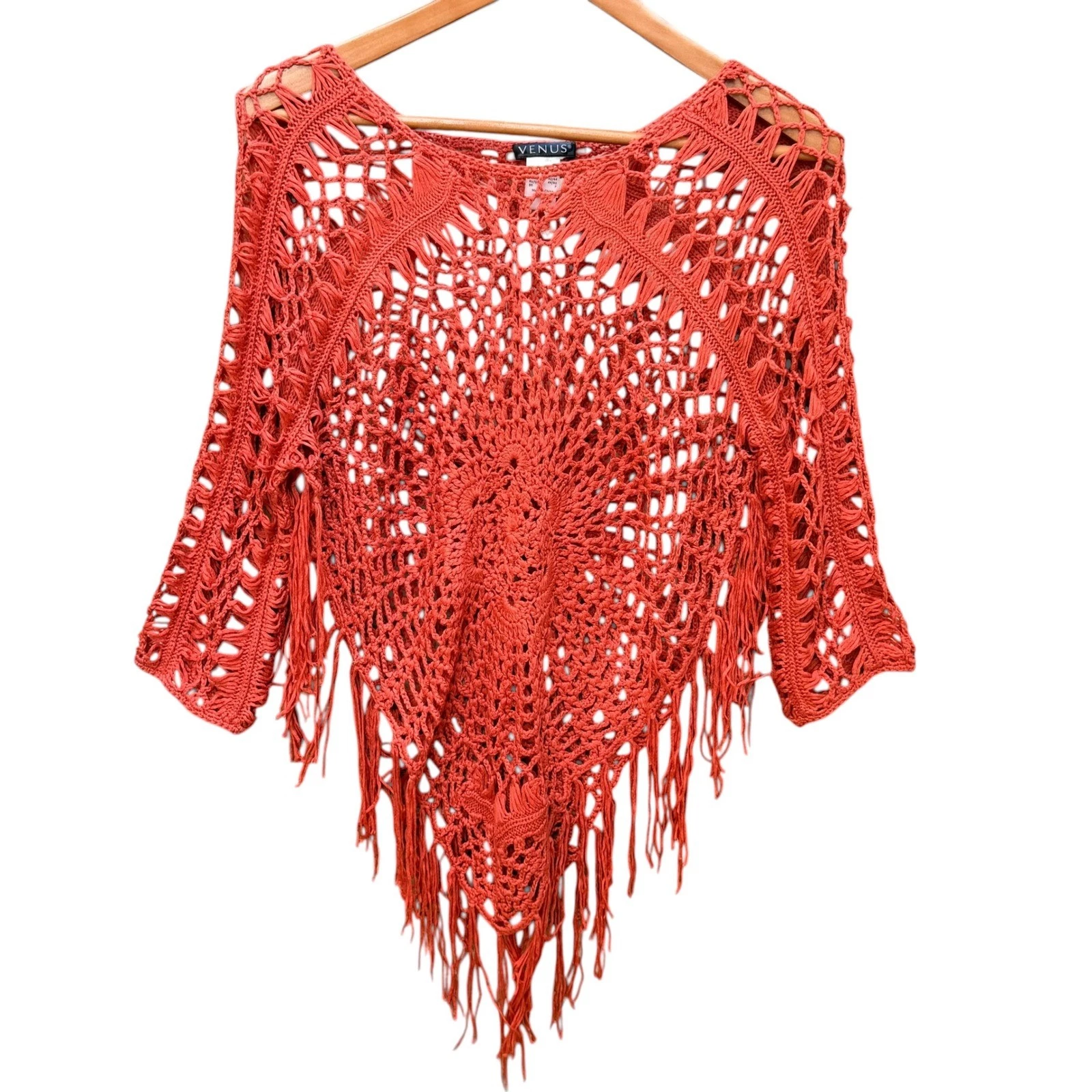 Venus Crochet Poncho Top Women SM Orange Boho Fringe Hem Beach Festival Cover Up