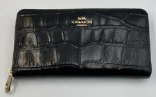 Coach Embossed Black Croc Accordion Zip Around Wallet Gold Tone Hardware