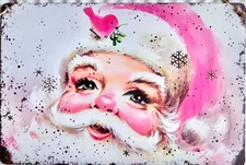 New Pink Christmas Retro Style Santa Claus Metal Wall Sign w/ Hanger - 12” x 8”