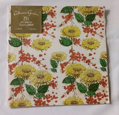Autumn Garden Mums berries VTG MCM Wrapping Paper 2 pages Styled by GIBSON NOS