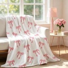 50x60 Inch Pink Bow Spring Throw Blanket Flannel Coquette Preppy Girly Decor