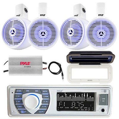 Pyle Marine Receiver, 4x 6.5'' Bluetooth LED White Speakers, Amp, Cover, Antenna