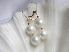 Pretty 8/10/12mm South Sea White Shell Pearl Round Beads Gold Dangle Earring
