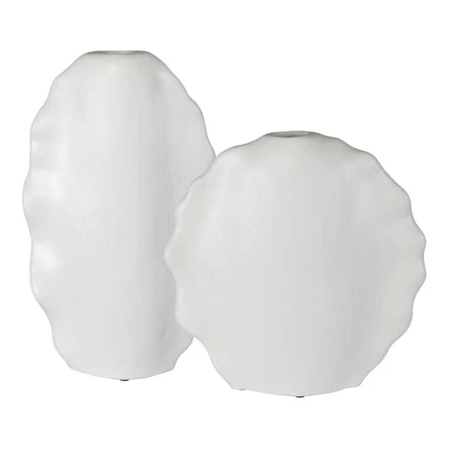 Uttermost Ruffled Coastal Earthenware Feathers Vases in Matte White (Set of 2) - Picture 1 of 3