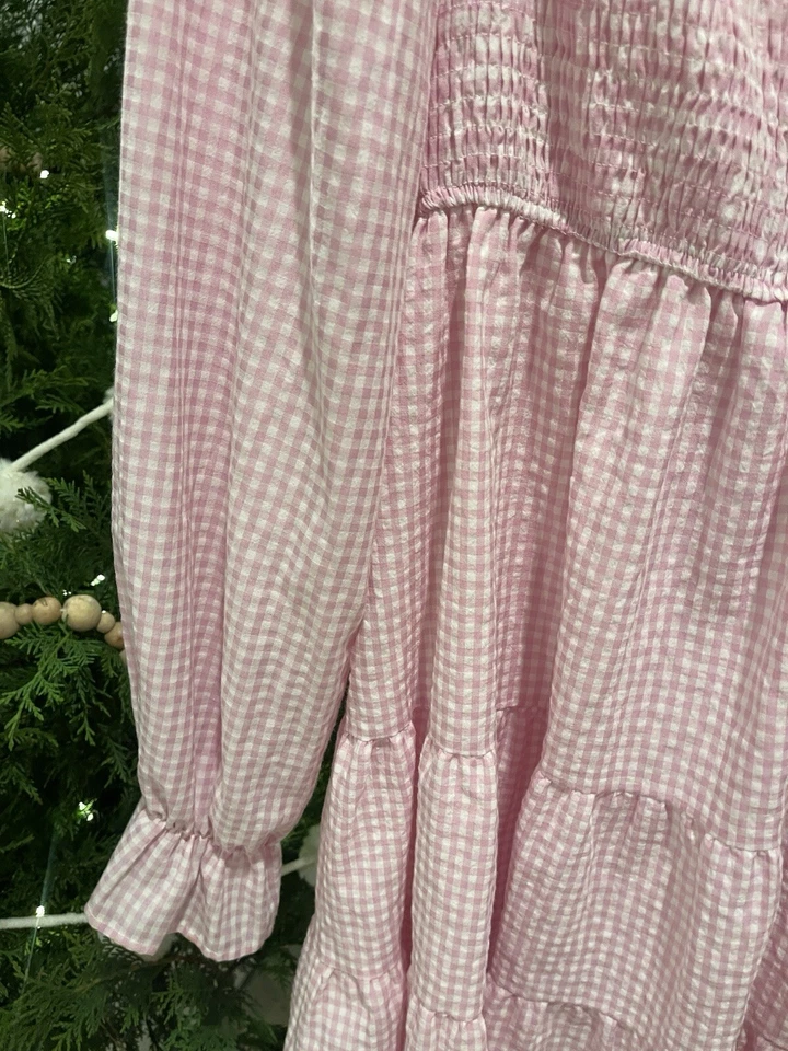 Vestido Azul Pimienta Rosa Guinga Calado En Niveles Manga Larga Pascua Volantes Grande Foto 4 de 4