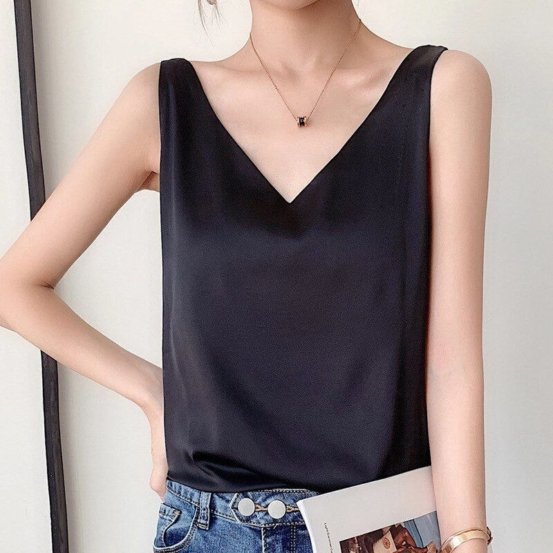 Women s V neck Silk Tops Elegant Sleeveless Camisole Tank Tops Formal Blouse