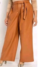 Eloquii Pleated Faux Leather Wide Leg Pants Size 16 Caramel Brown