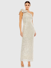 Ieena for Mac Duggal 11283 Nude Sequined Bow Shoulder Column Gown Size 8 NWOT