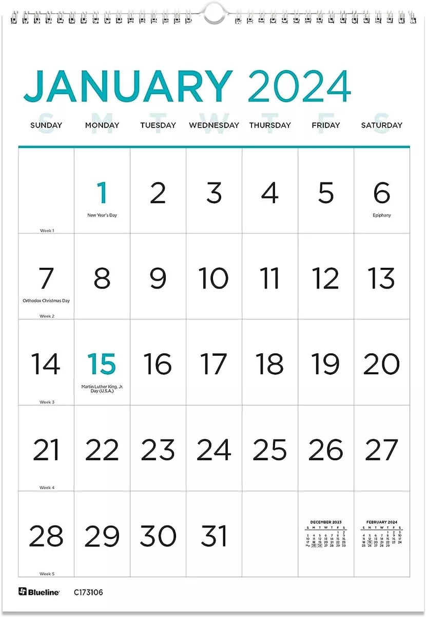 Blueline 2024 Monthly Wall Calendar Large Print 12 Months January to  December