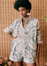 Sezane Jacket Blue White Will Jacquard Ikat Print Button Front Pockets Nwt Sz L