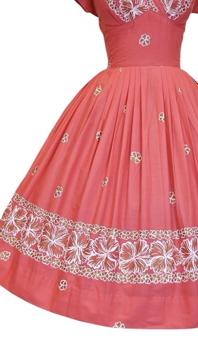 1950s PINK Hawaiian Togs Gold Painted Shaheen Style Floral DRESS Pinup Sundress - Picture 5 of 13