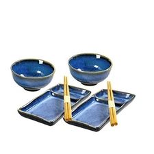 Ceramic Japanese Sushi Plates and Bowls Set for 2 | Includes 7 Reactive Blue