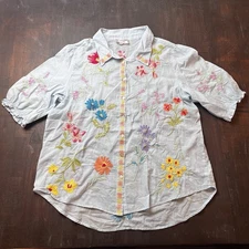 Sundance Catalog Johnny Was Evangeline Smocked Top XL Blue Retails $210