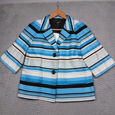 Talbots Blazer Womens 8P Blue Black White Striped Short Sleeve Two Button Petite