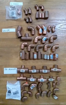 Mixed Lot 60 Copper Fittings -Mueller Nibco EPC -Various Size-Elbows Tee & More