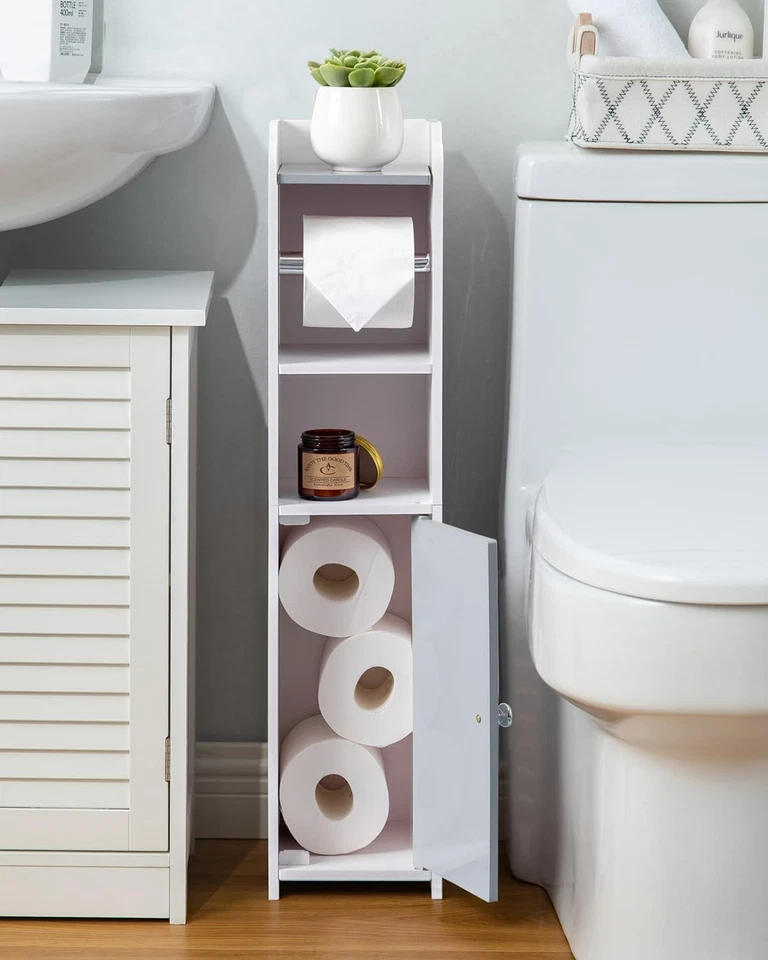 Armario de almacenamiento de baño pequeño con soporte de papel higiénico impermeable PVC 30′′ gris/blanco Foto 2 de 4