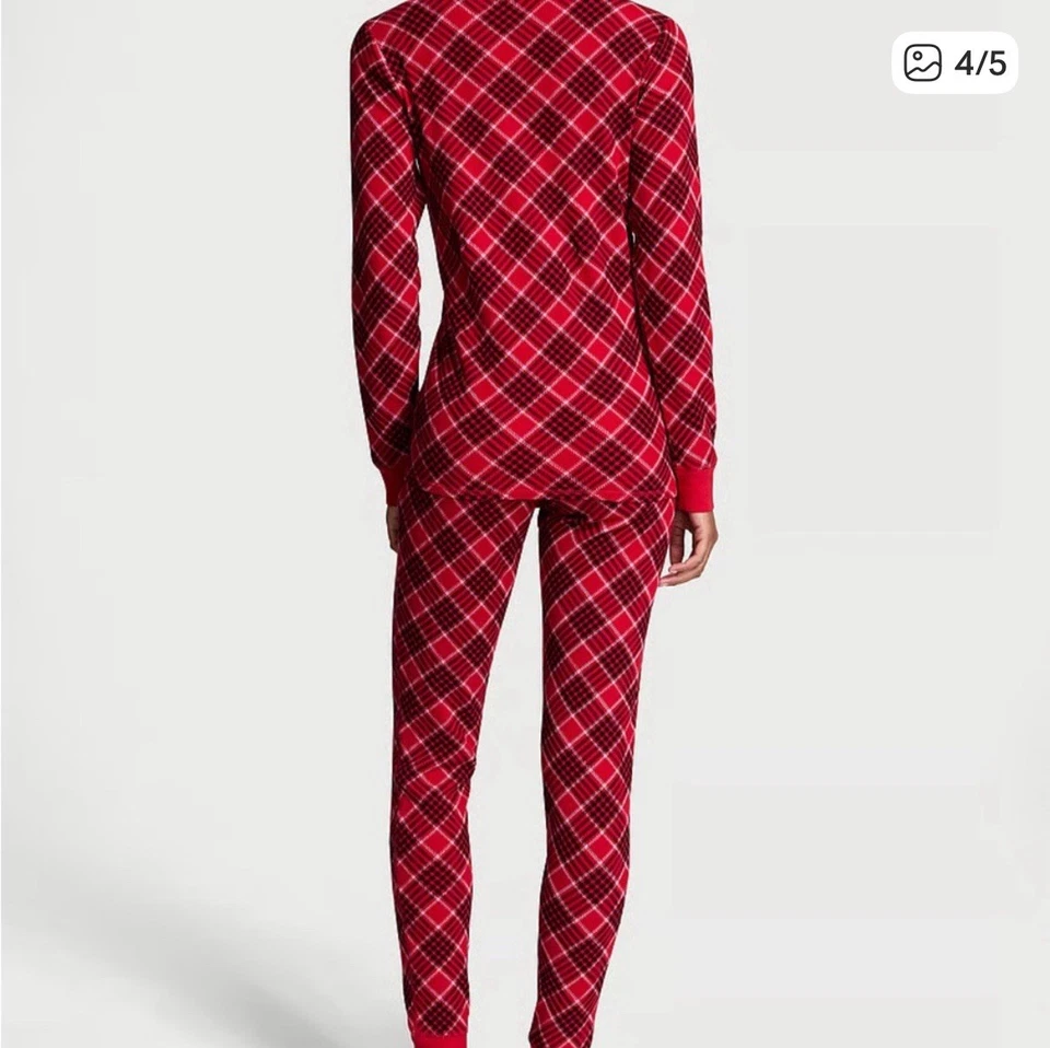 Conjunto de pijama térmico Victoria's Secret rojo a cuadros jogger manga larga vacaciones talla S Foto 4 de 4