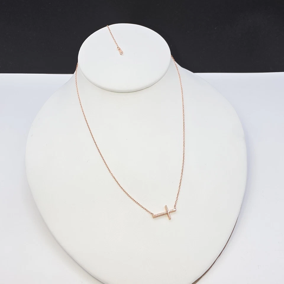 Collar Cruz Horizontal Chapado en Oro Rosa Plata de Ley 925 16" + 2" Ext  Foto 4 de 4