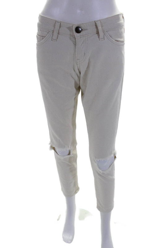 Current/Elliott Women's Midrise Distress Straight Leg Jeans Pants Beige Size 25