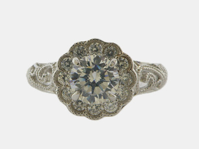 Sterling Silber 925 C Z Rundschliff Blume Filigran Halo Verlobungsring Größe 7,25