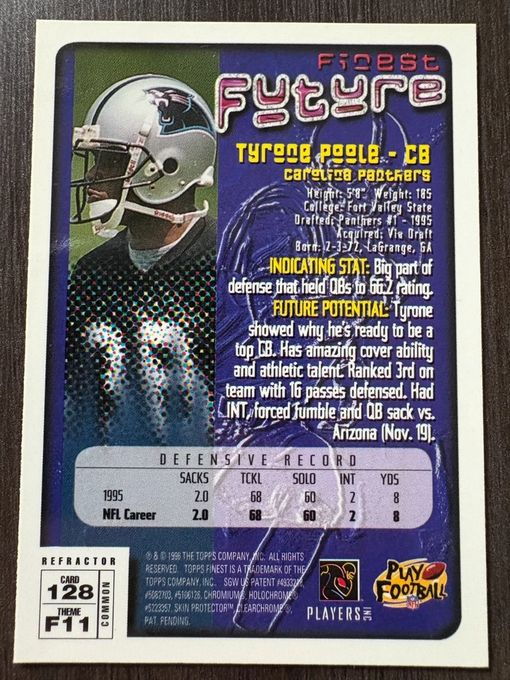 1997 Topps Finest Tyrone Poole #177 Carolina Panthers Refractor - Image 2 of 2