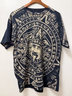 DOM Black Aztec T Shirt Men s XL All Over Print Tribal Y2K Short Sleeve