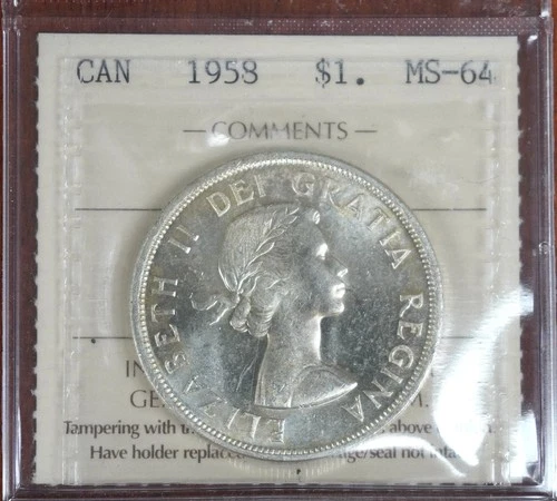 CANADA 1958 SILVER DOLLAR ICCS MS64 DY 868