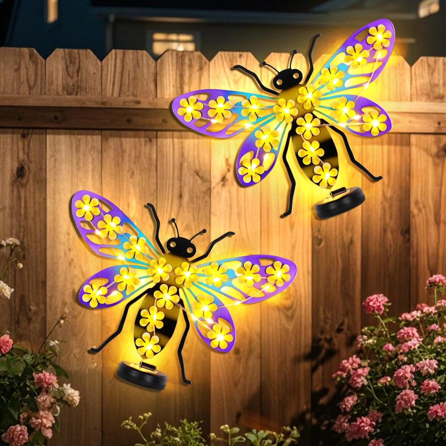 2 Pack Metal Bee Outdoor Wall Decor with 30 Led Solar Lights- 13.8" Outdoor Fenc