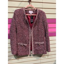 Charter Club Tweed Blazer Jacket Women Burgundy Multi Color Collarless Size M
