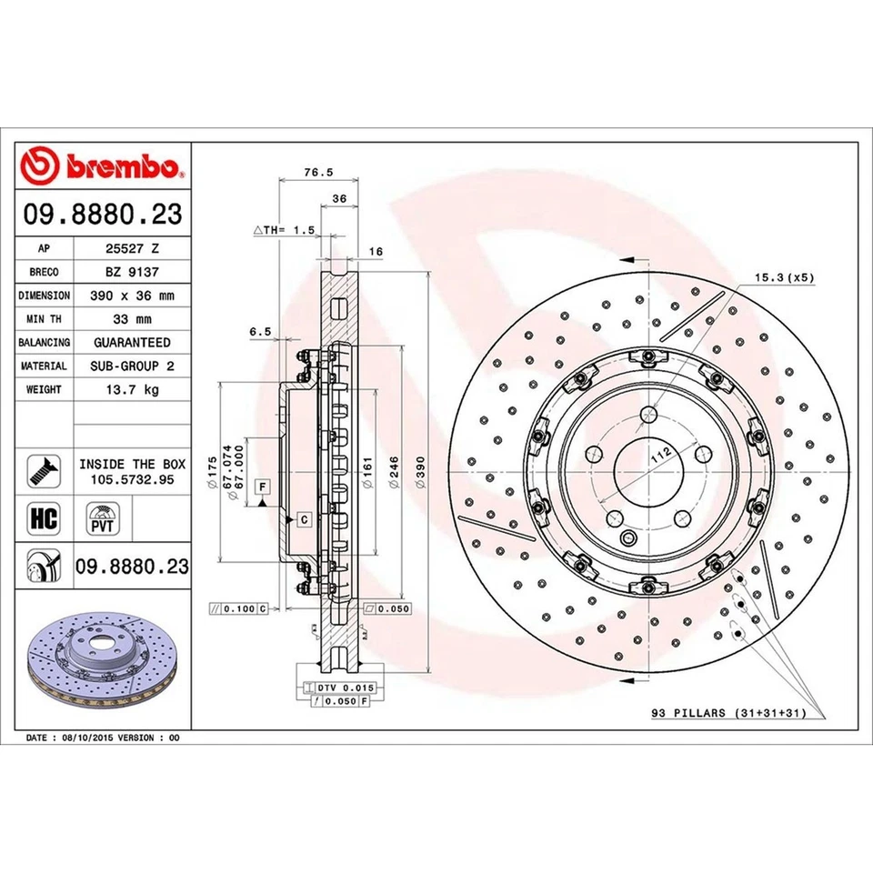 Rotor de freno de disco Brembo 09.8880.23 para 05-06 Mercedes-Benz CL65 AMG S65 AMG Foto 3 de 4