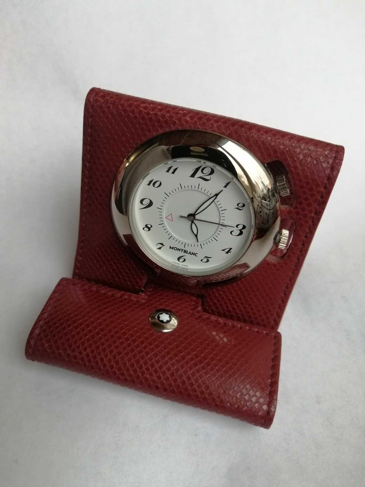 SERVICED Montblanc Travel Alarm Quartz Clock 7056 leather case red Swiss watch photo